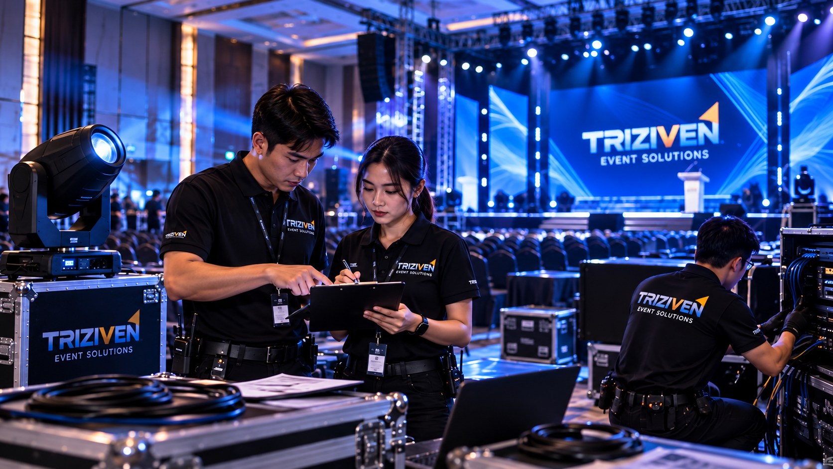 Tim produksi event bekerja di lapangan